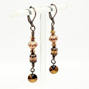 Artisan Handmade Antique Copper Drop Dangle Beaded Earrings Leverback Bohemian